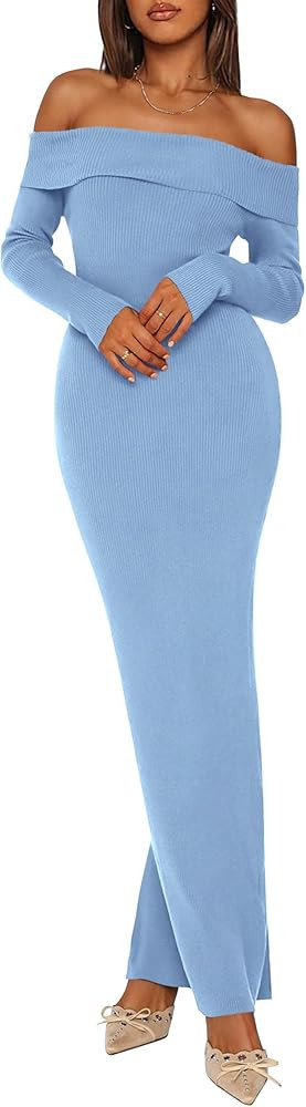 PRETTYGARDEN Women's Winter Sweater Dress Long Sleeve Off Shoulder Slit Maxi Bodycon Cocktail Par... | Amazon (US)