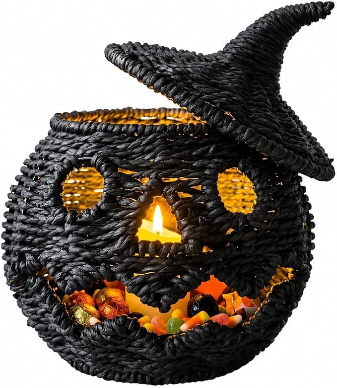 Black Handwoven Seagrass Pumpkin Jack-O-Lantern Witch Hat Decor | Handwoven black seagrass pumpki... | Amazon (US)