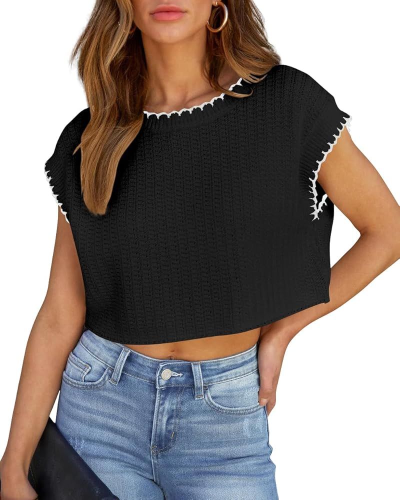 Saodimallsu Womens Cap Sleeve Cropped Sweater Vest Summer Lightweight Crewneck Sleeveless Crop To... | Amazon (US)