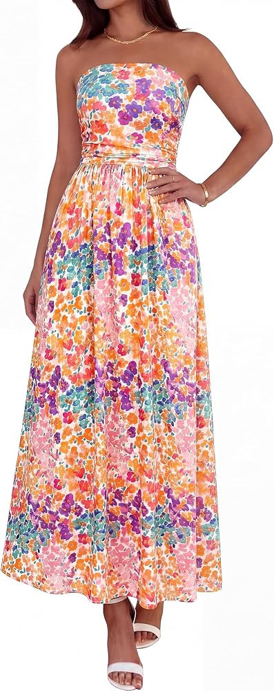 BTFBM Summer Maxi Dresses for Women 2026 Strapless Tube Top Floral Spring Wedding Guest Dress Bea... | Amazon (US)