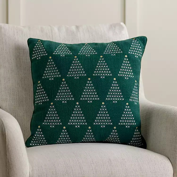 Green Cross Stitch Trees Christmas Pillow | Kirklands