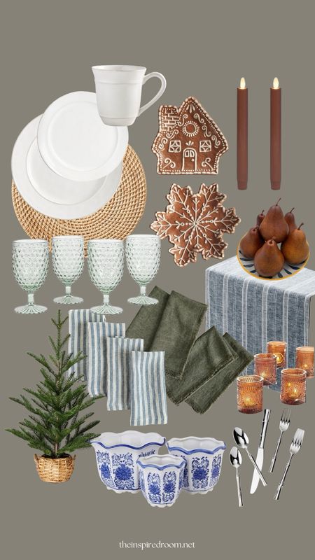 Christmas holiday tablescape (coming soon on the blog styled in our home!), gingerbread house and snowflake appetizer plates, cloth napkins, faux pears, amber glass votive candle holders, rattan charger, white plates, battery rust colored candles, striped runner, bamboo shape silver utensils, faux tree in basket, blue and white pot, hobnail glasses 

#LTKSeasonal #LTKHoliday #LTKhome