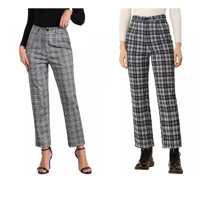 INSPIRE CHIC Women's Plaid Tartan High Waisted Button Casual Pants 2 Packs Black/Grey Black Small | Target