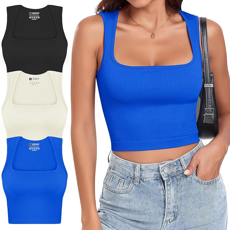 OLCHEE Womens 3 Pack Crop Tank Tops Seamless Ribbed Square Neck Tapered Shoulder Strap Sleeveless... | Amazon (US)