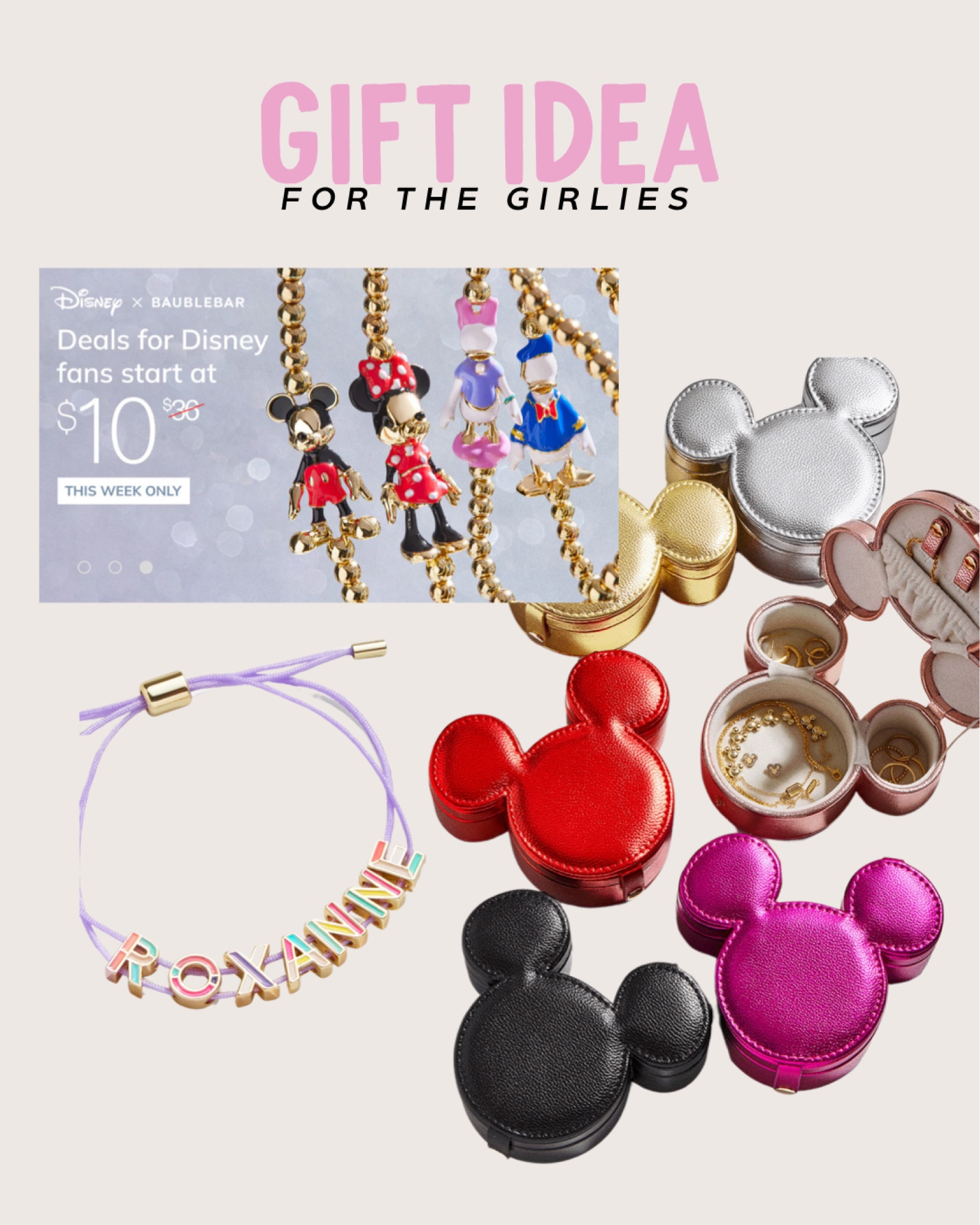 cute gift idea for the girlies on Black Friday sale! Mickey Mouse jewelry box with your fave Disney character bracelet and a custom name bracelet! On sale for as little as $10! 

#LTKGiftGuide #LTKHoliday #LTKCyberWeek