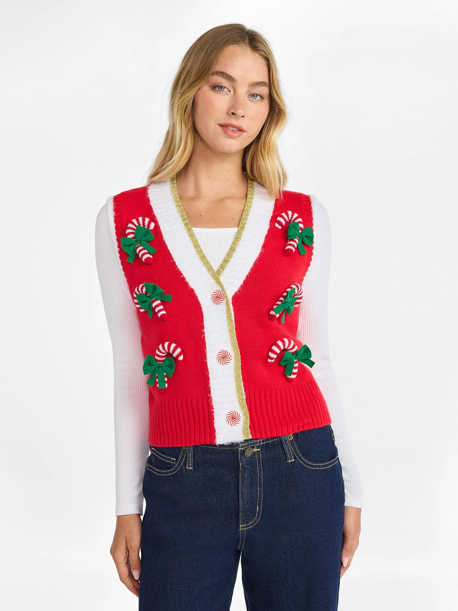 No Boundaries V-Neck Button Front Christmas Vest, Women’s | Walmart (US)