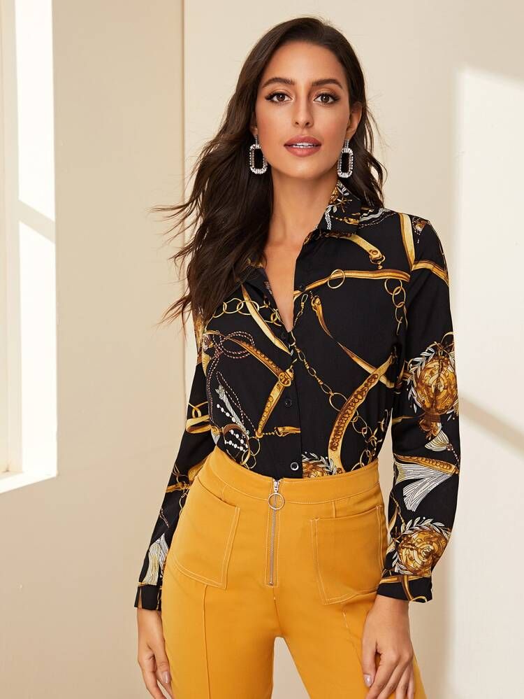 Button Front Chain Print Blouse | SHEIN