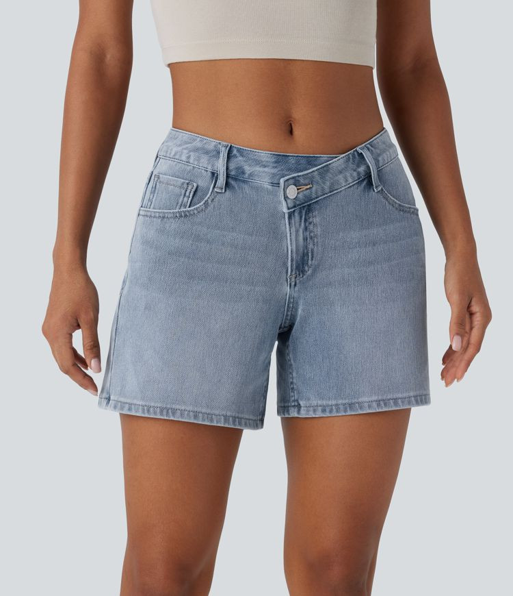 Women’s Halara Flex™ Asymmetric Low Rise Pockets Washed Denim Casual Shorts - Halara | HALARA