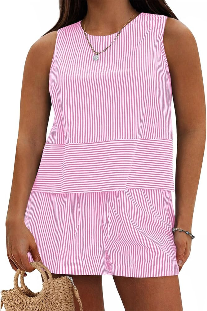 Beautife Womens Plus Size 2 Piece Outfits Striped Crew Neck Tank Top Matching Shorts Sets Summer ... | Amazon (US)