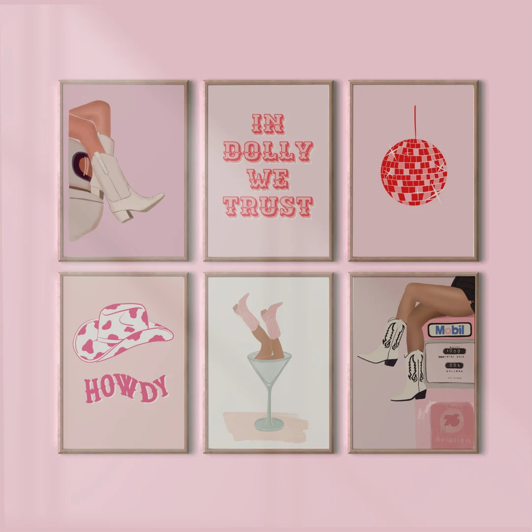 Set of 6 Pink Cowgirl Western Printable Wall Art, Preppy Gallery Prints, Pink Cowgirl Wall Art, C... | Etsy (US)