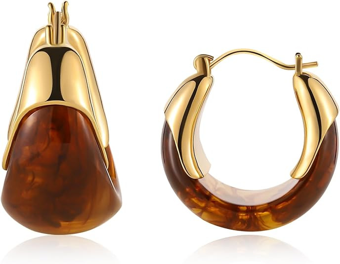 14k Gold Plated Amber Resin Hoop Earrings for Women Trendy, Hypoallergenic Chunky Gold Earrings J... | Amazon (US)