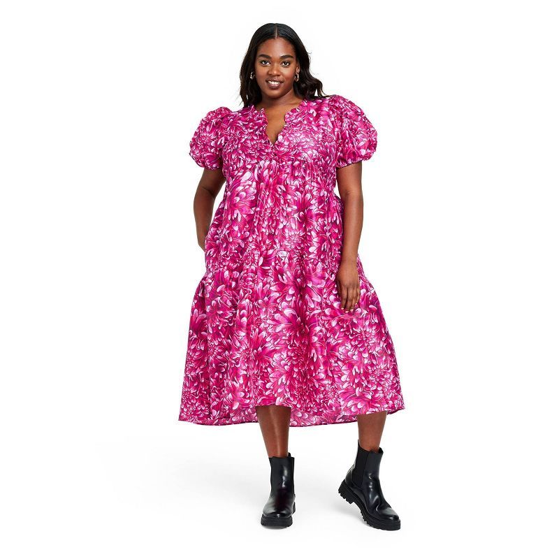 Women's Mum Floral Tiered Ruffle Edge Puff Sleeve Midi Dress - Kika Vargas x Target Pink | Target