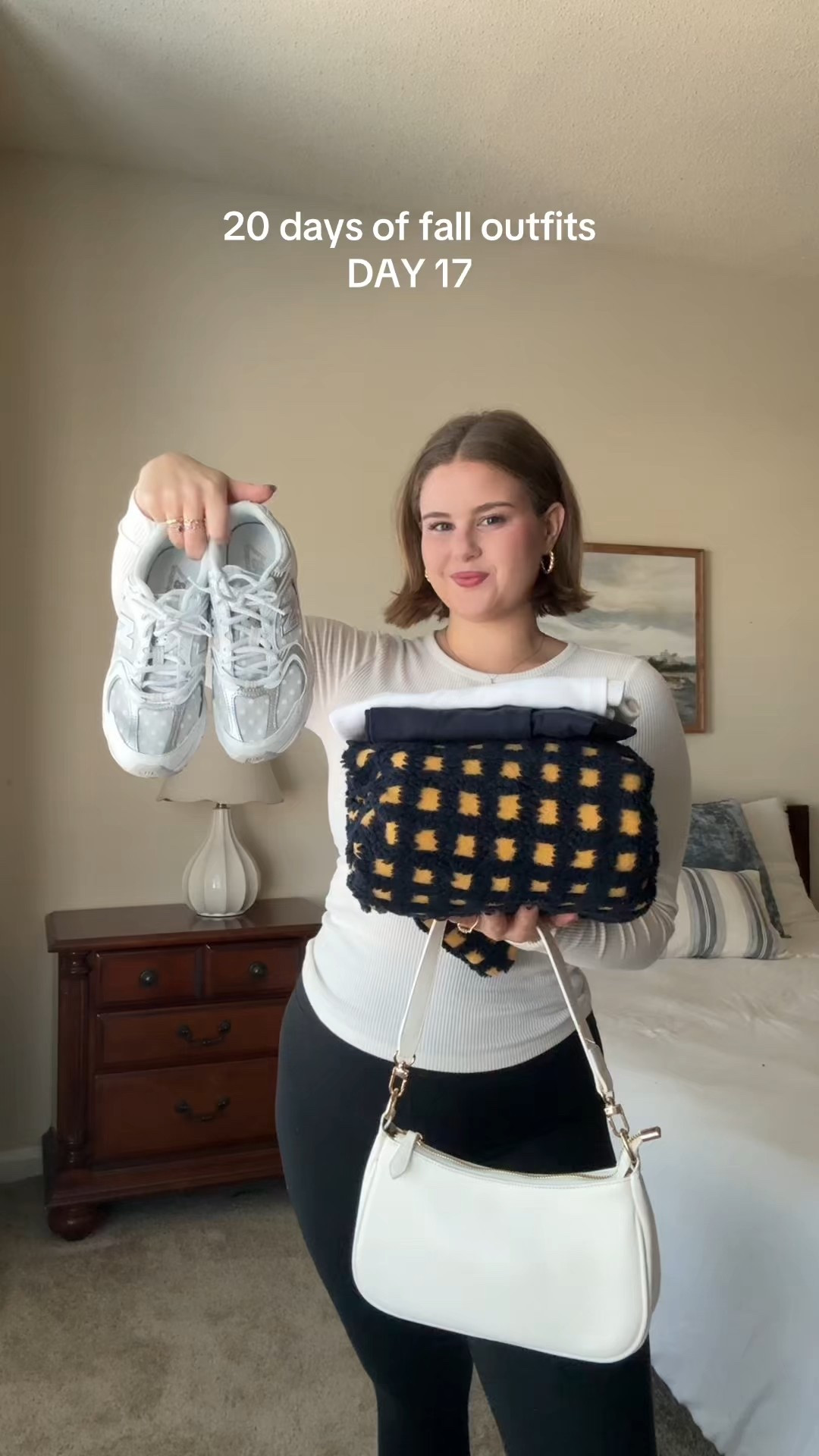 Cozy fall outfit idea, comfy fall outfit Inspo, amazon checkered jacket, navy & yellow outfit, old navy basic white tee tshirt, new balance 530 polka dot tennishoes, amazon Athleisure, crz yoga leggings, amazon purse shoulder bag