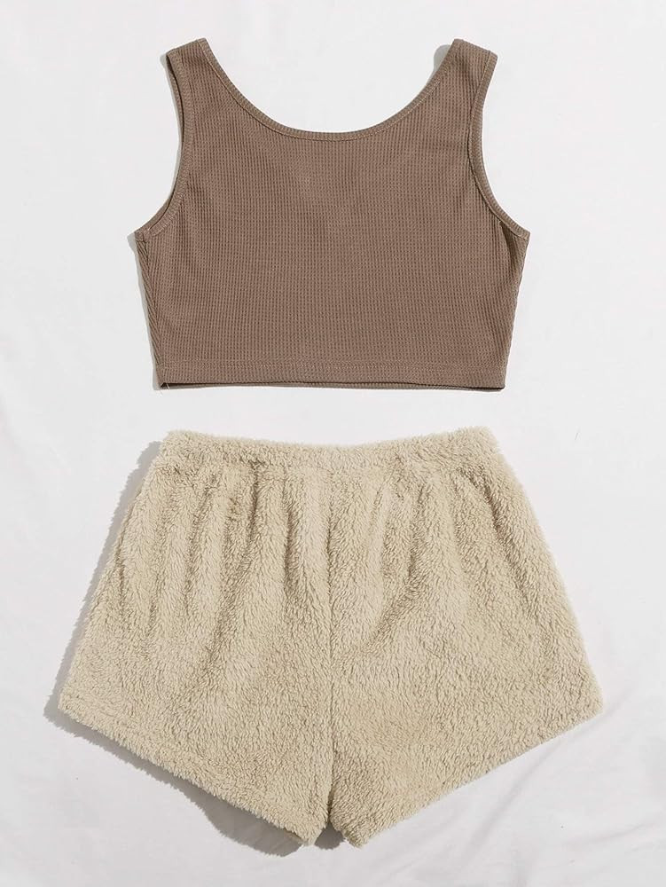Milumia Women's Two Piece Pajama Crop Tank Top Tie Waist Fluffy Teddy Shorts Lounge Set | Amazon (US)
