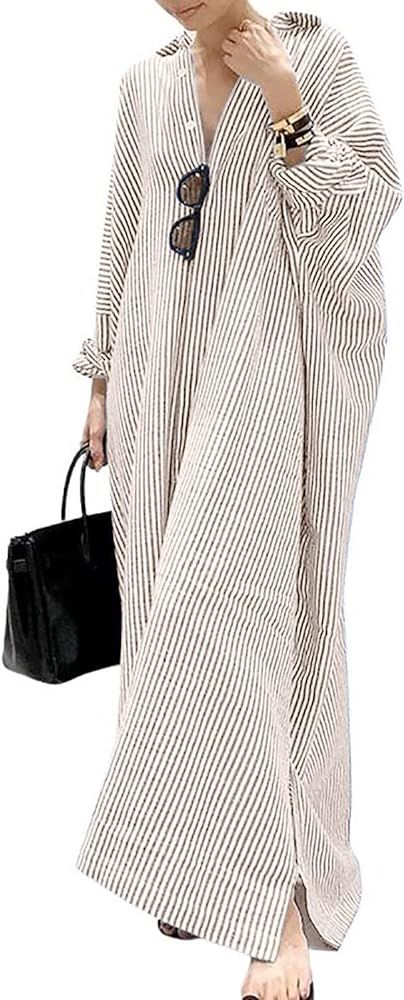 utcoco Womens Striped Long Sleeve Dress Casual Loose Button Down Cotton Maxi Shirt Dress | Amazon (US)
