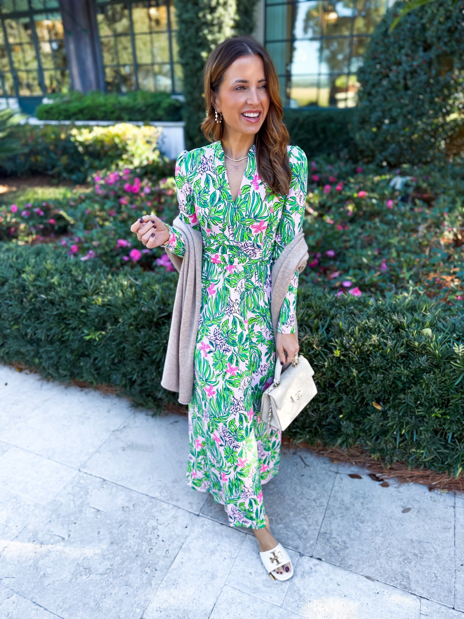 Resort wear. Coastal dress. Lilly Pulitzer midi dress in 00 - it’s a maxi length on me. Vacation outfit. Vacation dress. Resort dress. Vacation dress. Tory Burch Eleanor slides - I went up half a size. 

#LTKPetite #LTKootd #LTKTravel