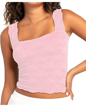 Women's Square Neck Wide Strap Crop Tank Tops Flower Going Out Tops Slim Fit Lettuce Trim Crop Ca... | Amazon (US)