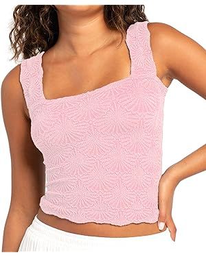 Women's Square Neck Wide Strap Crop Tank Tops Flower Going Out Tops Slim Fit Lettuce Trim Crop Ca... | Amazon (US)
