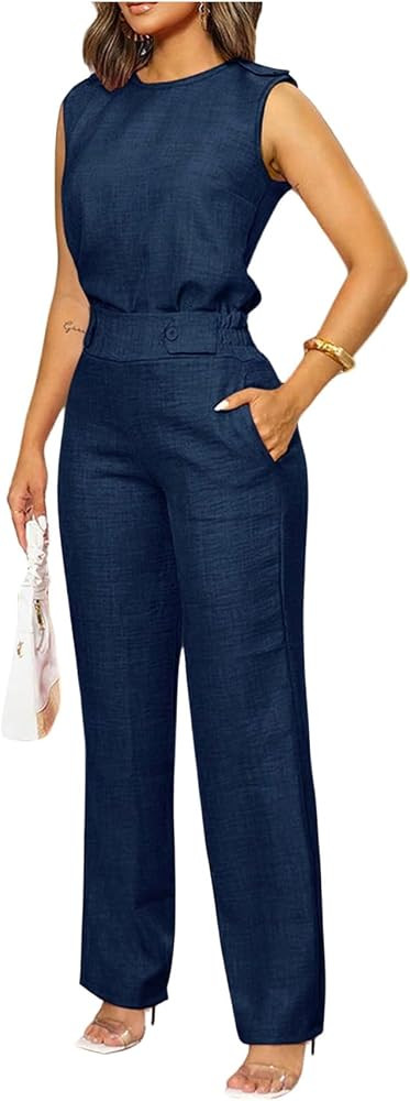 Floerns Women's 2 Piece Sets Dressy Outfits Bussiness casual Crew Neck Sleeveless Blouse and Eleg... | Amazon (US)