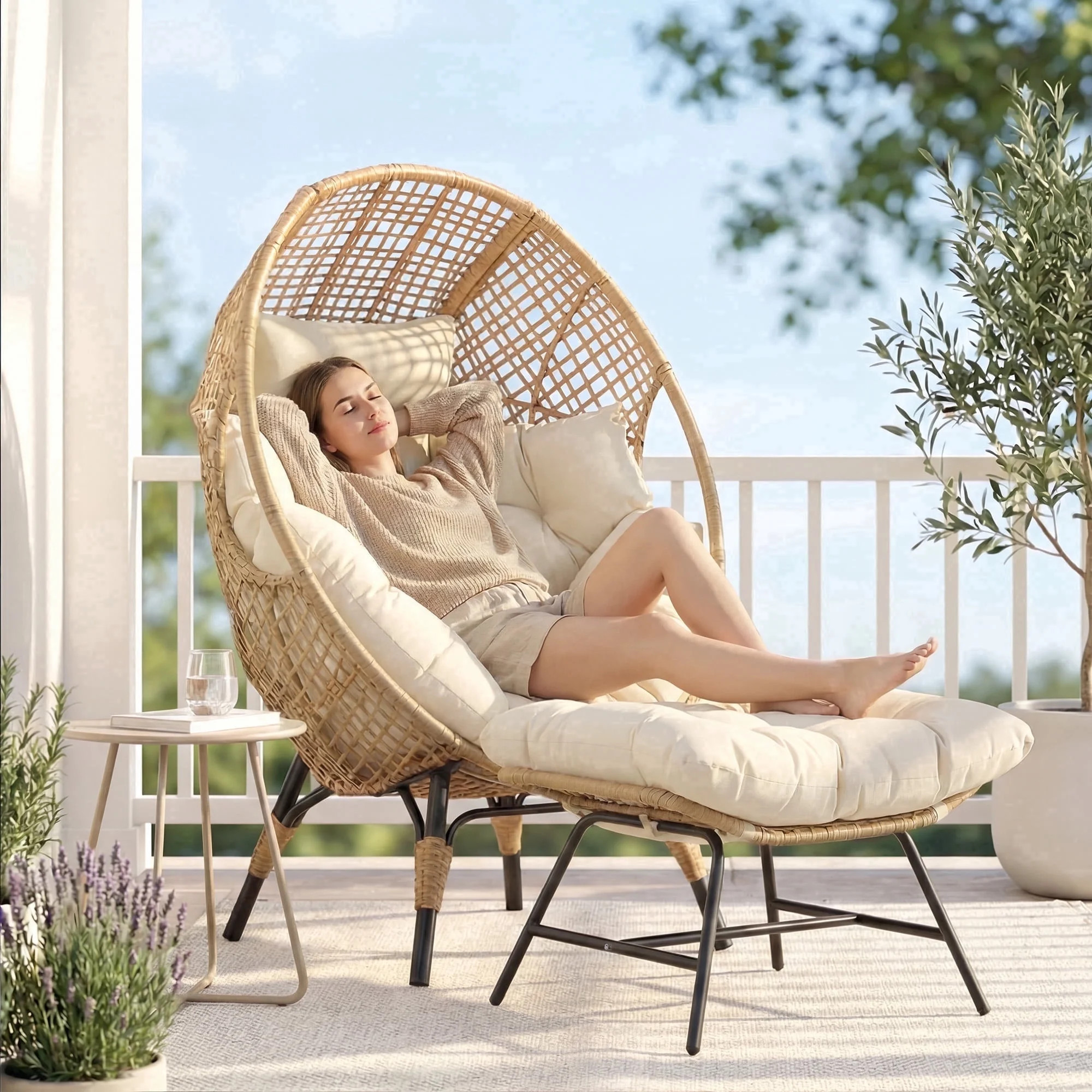NICESOUL 2 Pieces Egg Chair Outdoor Basket Chairs Wicker Patio Egg Chairs with Ottoman Rattan Teardrop Cuddle Cocoon Chair for Indoor Bedroom Outside Porch Deck Backyard Garden (2 Pieces Beige) | Walmart (US)