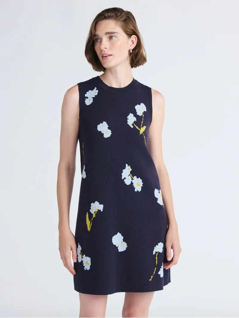 Free Assembly Women's and Women's Plus Sleeveless Floral Jacquard Mini Sweater Dress, Sizes XS-XX... | Walmart (US)