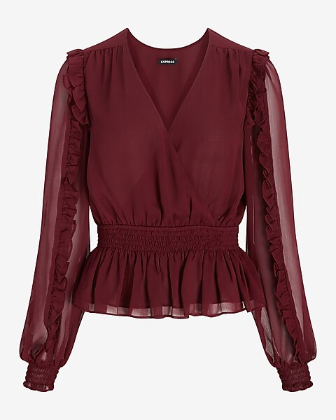 Solid Ruffle Wrap Front Peplum Top | Express