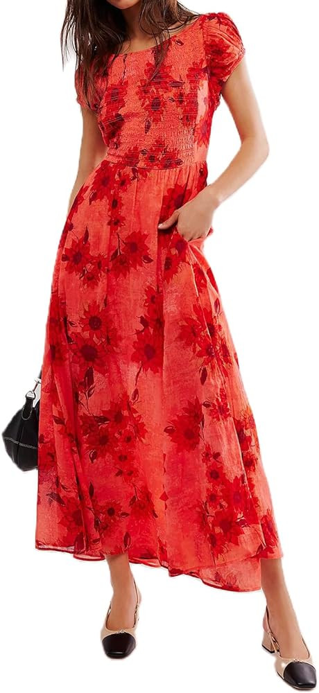Women Spring Dresses Flowy Smocked Maxi Dress Puff Sleeve Sweetheart Y2K Floral Boho Summer Sundr... | Amazon (US)