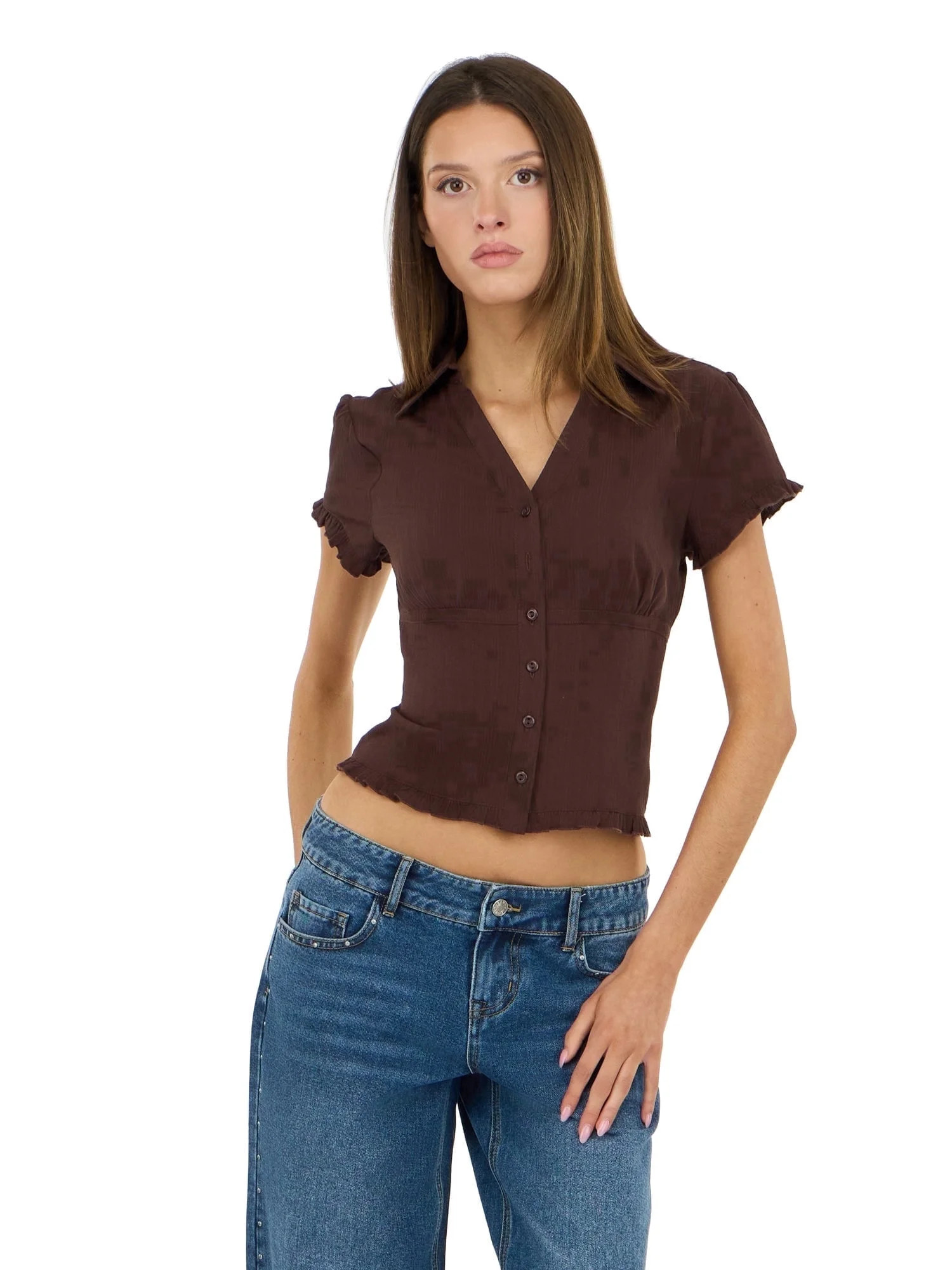Forever 21 Women’s Collared Button Down Top with Ruffle Hem, Cinched Fit, Brown, L - Walmart.com | Walmart (US)