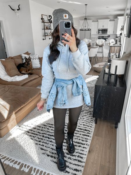 Dress — small
Denim Jacket — small (exact style linked, my color is just no longer available)
Tights — small/medium

platform doc martens | hoodie sweatshirt dress | oversized denim jacket | fall brunch outfit | faux sheer fleece lined tights | comfy outfit ideas | errands outfit 



#LTKfindsunder50 #LTKstyletip #LTKfindsunder100