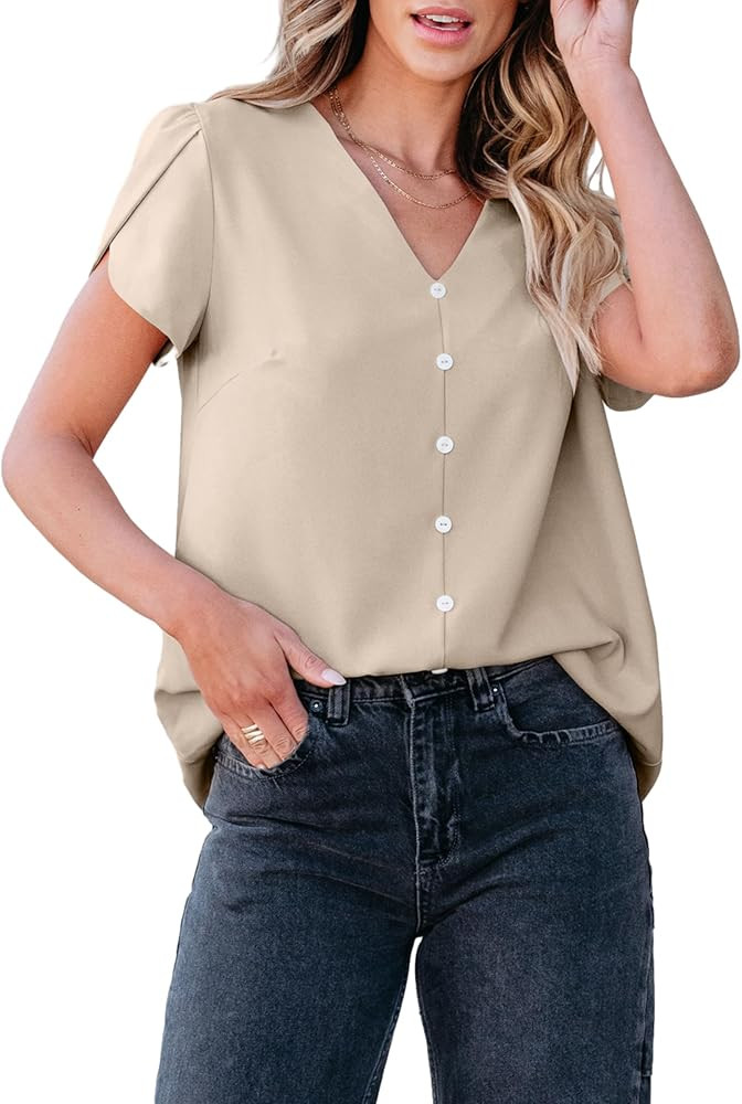CCTOO Women’s Casual Dressy Tops: Short Sleeve V Neck Button Down Work Business Blouses Loose S... | Amazon (US)