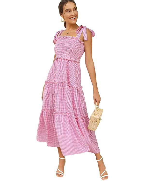 Floerns Women's Floral Print Tie Strap Square Neck Ruffle Boho Maxi Dress | Amazon (US)