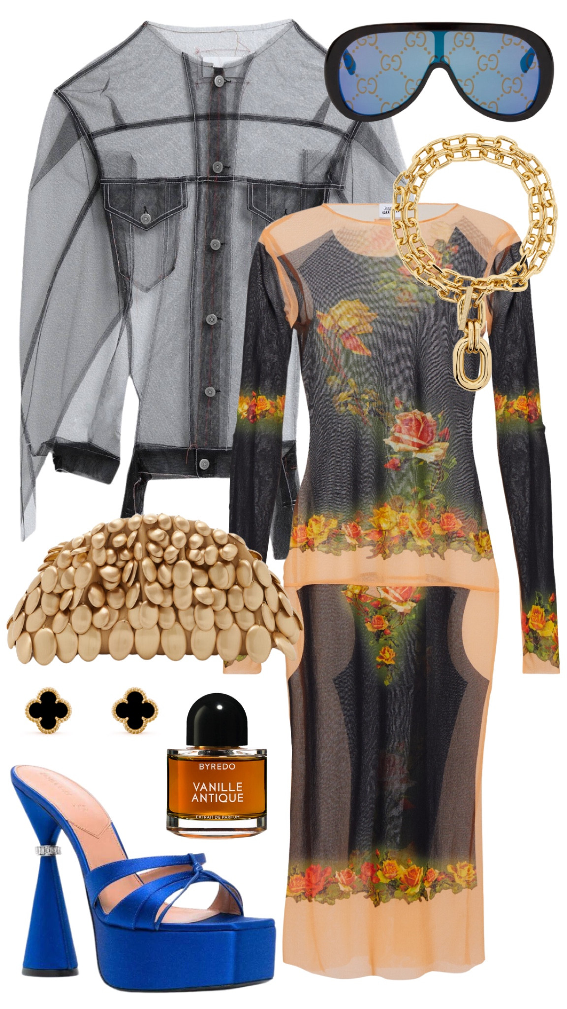 jean paul gualtier dress 
maison margiela jacket 
d’accori heels 
cult gaia bag 
gucci sunglasses 
paco rabanne necklace 
van cleef & arpels earrings 
byredo vanille antique perfume 

#LTKstyletip #LTKfit #LTKSeasonal