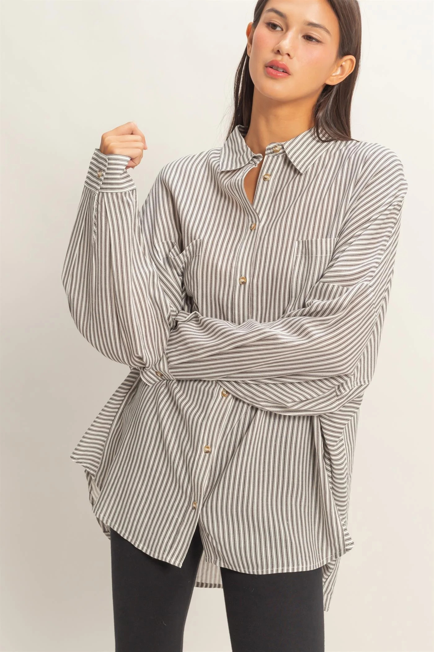Black Oversized Striped Button-Up Shirt - Medium | PinkBlush Maternity