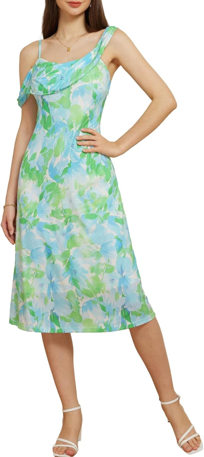 GRACE KARIN Spaghetti Strap Dress 2024 Summer Asymmetric Ruched Neck Off Shoulder A Line Midi Dre... | Amazon (US)