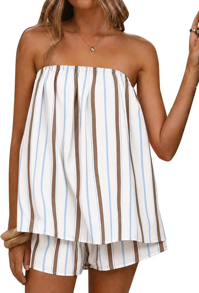 calbatic Women Striped Two Piece Shorts Set Strapless Tube Top Lounge Sets Summer Vacation Resort... | Amazon (US)