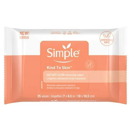Simple Wipes Kind to Skin, Instant Glow, Facial Cleansing Wipes, Makeup Removal Wipes, Removes Waterproof Mascara, 25 Wipes Pack of 3 | Walmart (US)