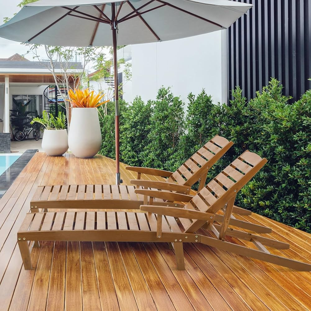Outdoor Chaise Lounge Chairs Set of 2, Patio Wood Lounge Chair with Adjustable Backrest for Pools... | Amazon (US)