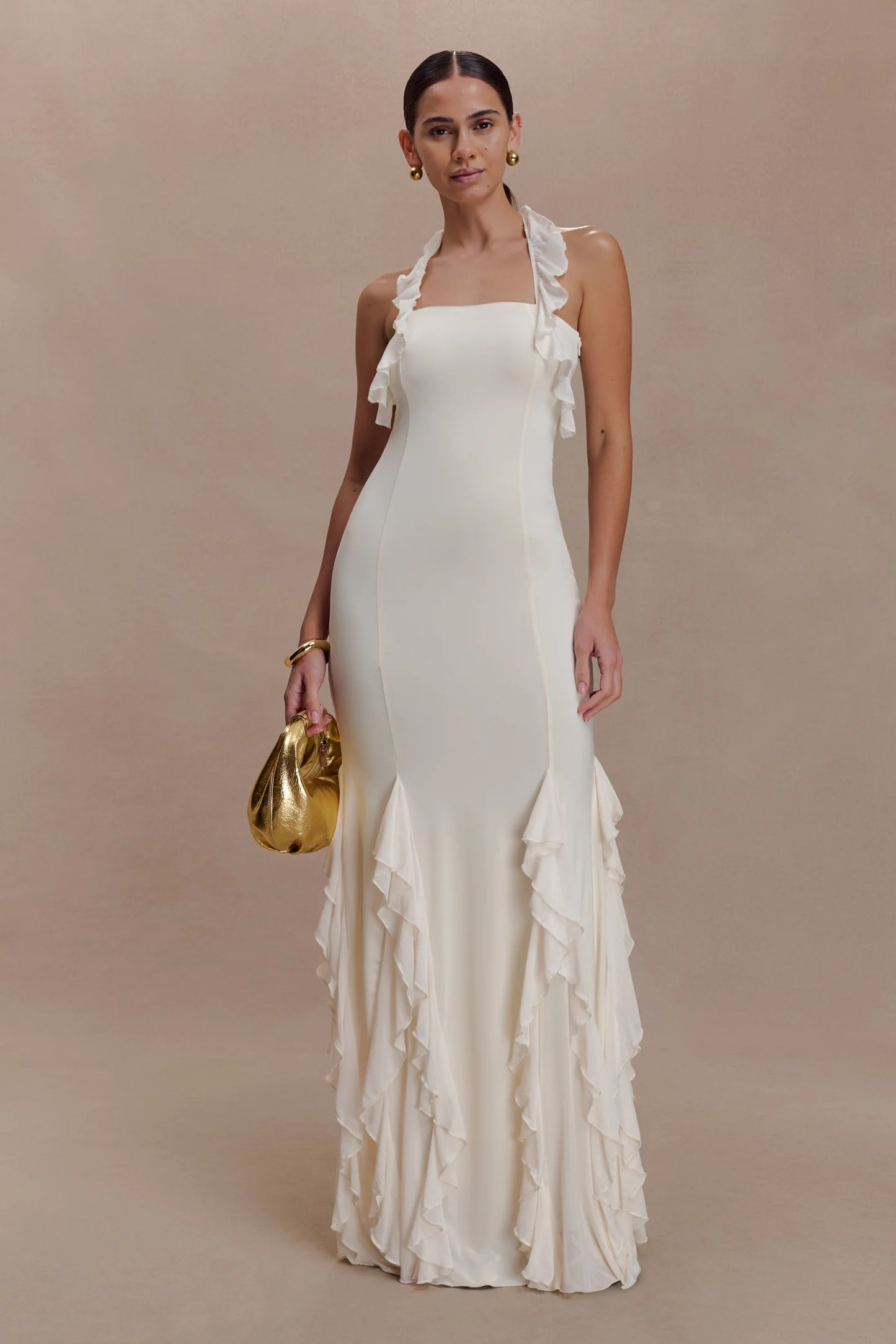 Ruffle Slinky Maxi Dress - Ivory | MESHKI US