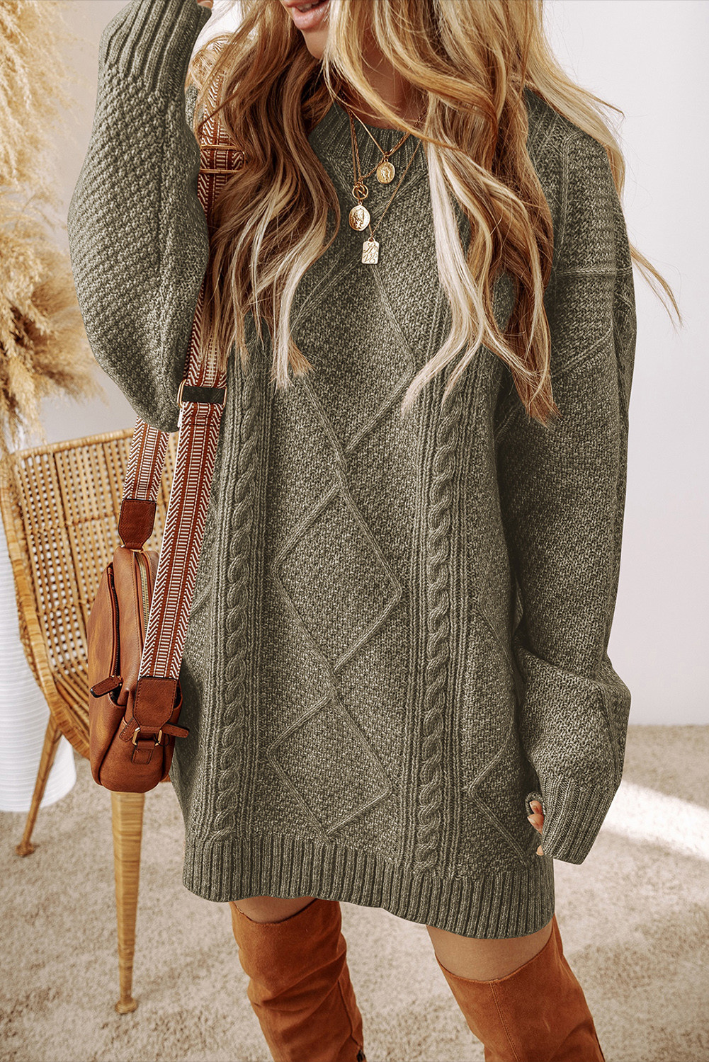 Mist Green Twist Cable Knit Drop Shoulder Loose Fit Sweater Dress | Shewin