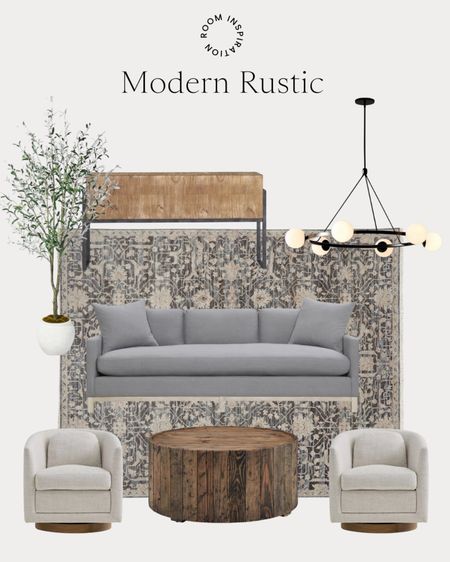 Modern rustic design board. Sofa, performance fabric, console table, chandelier, olive tree, swivel chair 