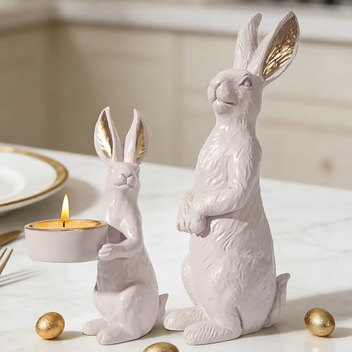 DN DECONATION Beige Easter Bunny Figurines Set of 2 with Gilded Accents & Tealight Holder, Resin Rabbit Statue for Elegant Home Decor, Wedding Easter Table Centerpiece Cozy Gift for Women | Amazon (US)