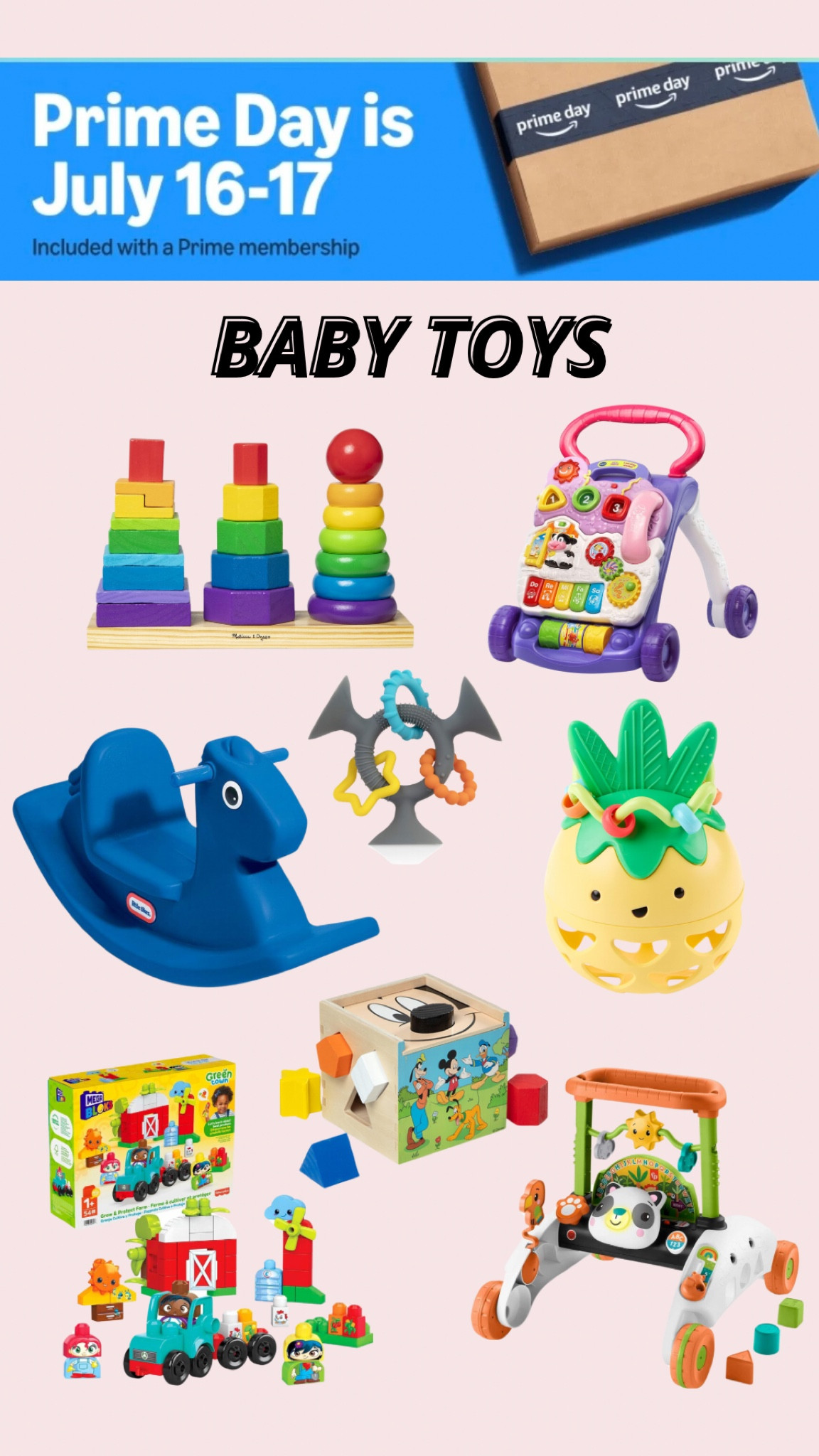 Baby toys on Amazon Prime Day! 

amazon must haves, amazon finds, amazon sale, prime day deals, amazon prime day, baby toys, melissa & doug baby toys, wooden baby toys, baby teething toy, baby walker, activity center for baby, baby rocking horse, skip hop, little tikes rocking horse

#LTKSaleAlert #LTKBaby #LTKFindsUnder50