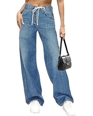 Allimy Womens Drawstring High Waist Wide Leg Jeans Straight Leg Washed Denim Jeans Pants | Amazon (US)