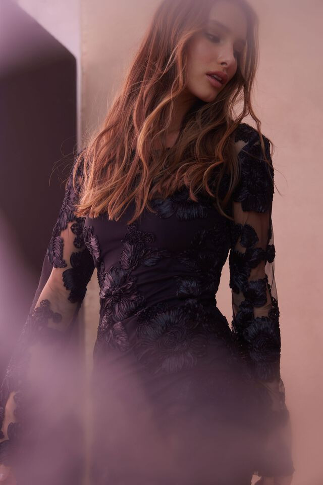 Sheer Floral Appliqué Mini Dress | Dynamite Clothing