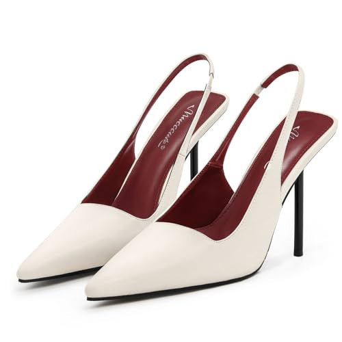 MUCCCUTE Women's Slingback Heels Closed Pointed Toe Stiletto High Heel Stretch Strap Patent Leather Slip On Pumps Shoes White 9 | Amazon (US)