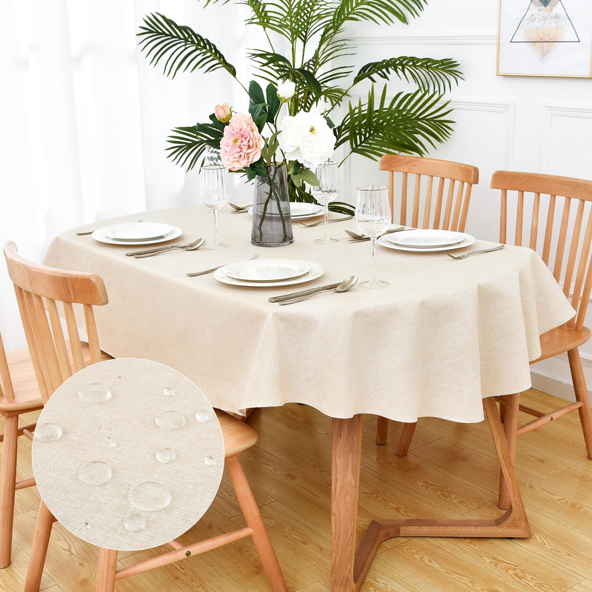 Faux Linen Oval Tablecloth Farmhouse Water Resistant Neutral Table Cloth Washable Table Cover for... | Amazon (US)