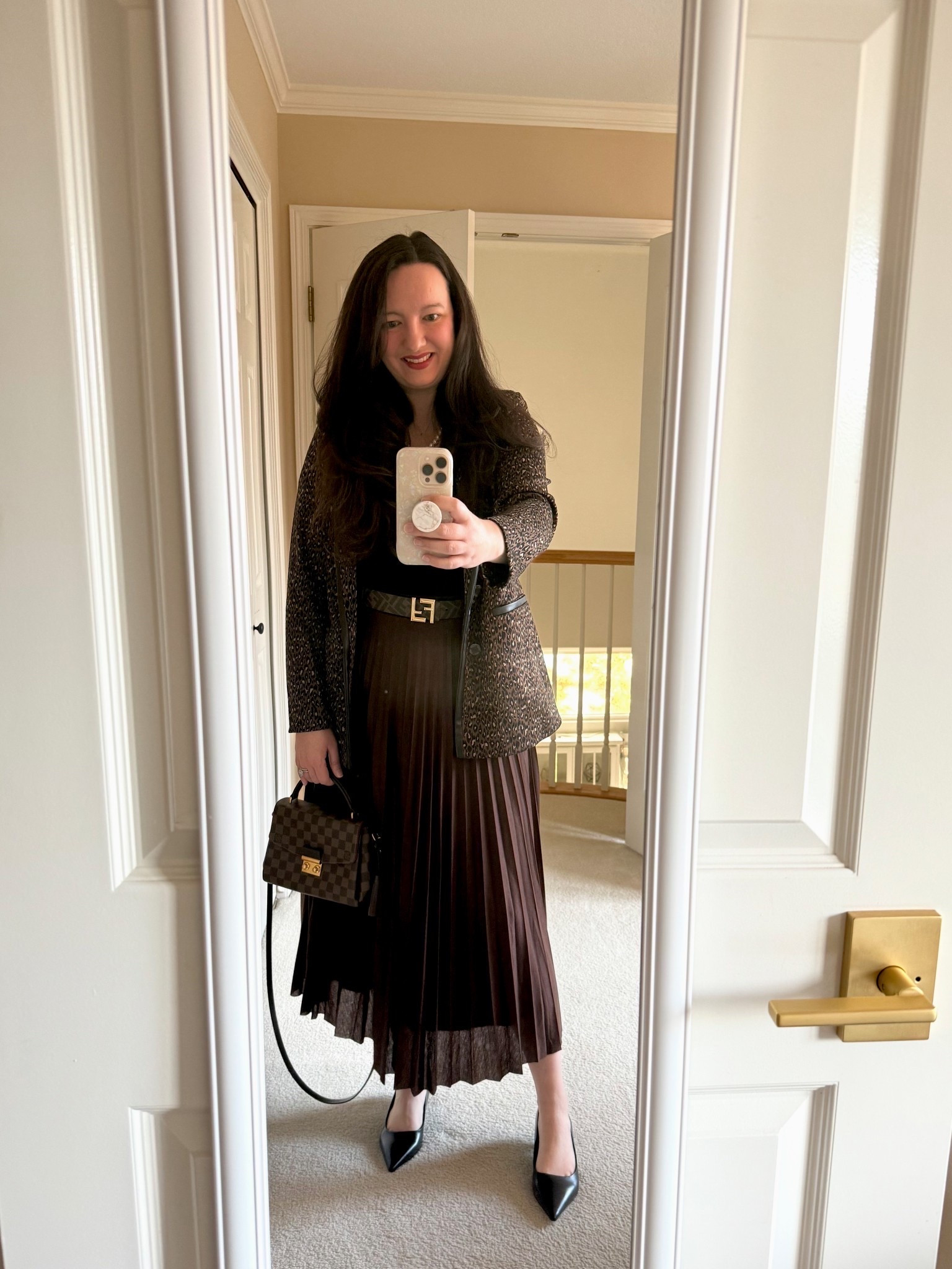 Fall vibes in this leopard print jacket and brown pleated midi skirt!

#LTKMidsize #LTKSeasonal #LTKWorkwear