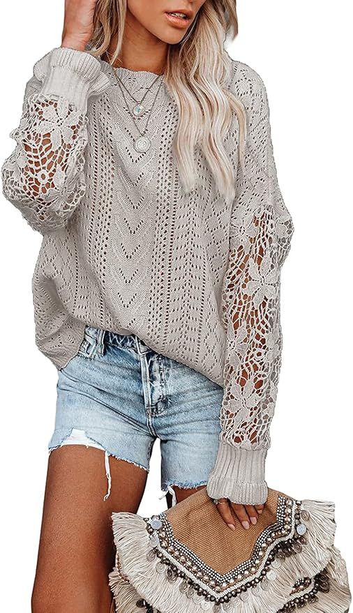 AlvaQ Womens Winter Solid Color Cute Lace Crochet Long Sleeve Knitted Casual Loose Pullover Sweat... | Amazon (US)