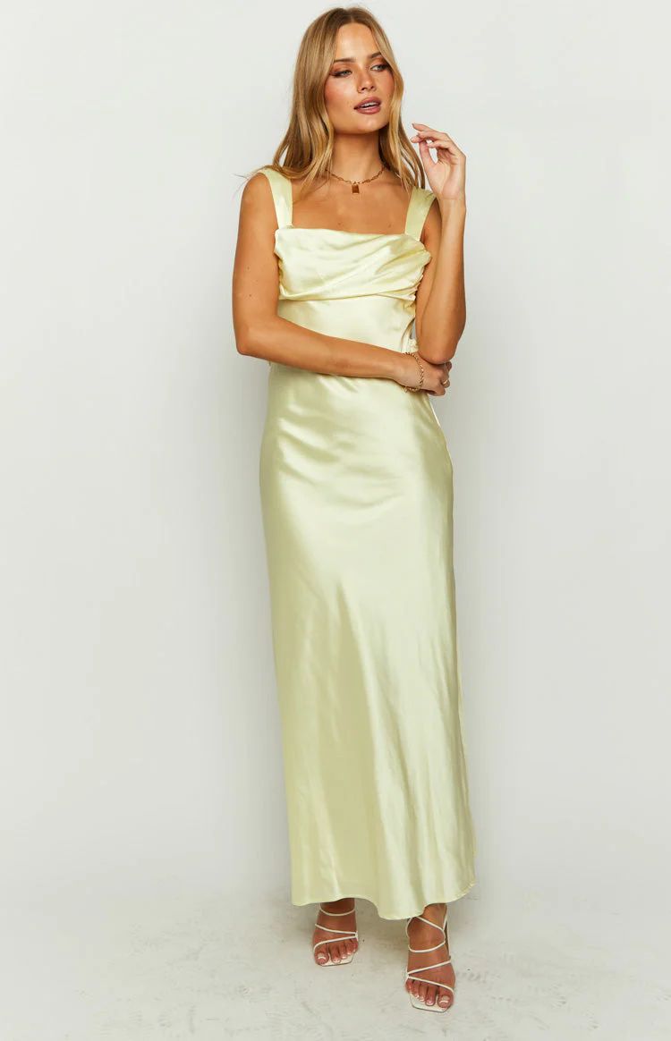 Laria Yellow Satin Formal Maxi Dress | Beginning Boutique (US)