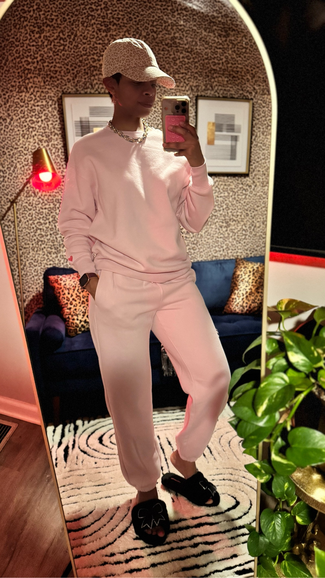 Pink panther vibes this morning! Cozy up in this cuteeee matching set. Oh and leopard hat! Girl yes! 

#LTKSeasonal #LTKgrwm #LTKootd